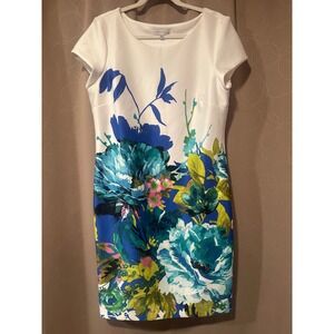 Sandra Darren‎ Womens White Blue Floral Sheath Dress Short Sleeve Knee Length 16